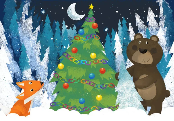 Χειμερινή σκηνή με τα ζώα του δάσους Santa Claus ζώο στο δάσος κοντά στην απεικόνιση χριστουγεννιάτικο δέντρο — Φωτογραφία Αρχείου