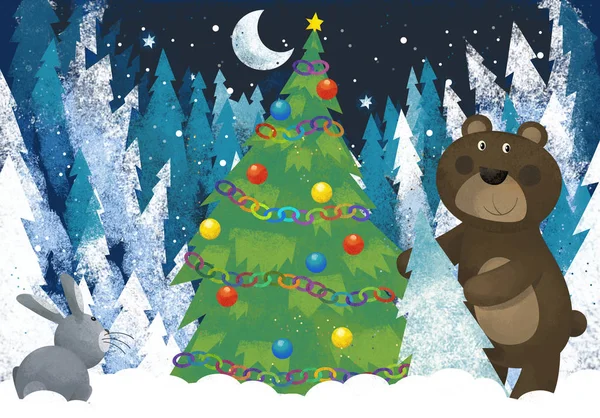 Téli jelenet erdei állat Mikulás állat az erdőben közel karácsonyfa illusztráció — Stock Fotó