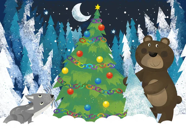 크리스마스 트리 근처 숲 속의 산타 클로스 동물의 겨울 풍경 — 스톡 사진