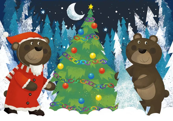 Zima scena z lasu zwierząt Santa Claus zwierząt w lesie w pobliżu choinki ilustracja — Zdjęcie stockowe