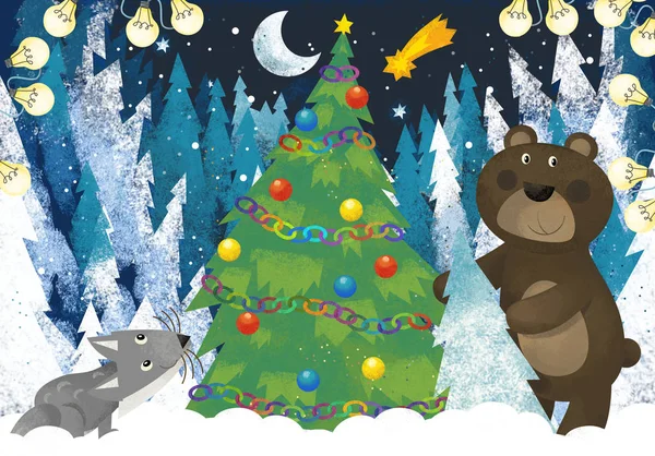 Зимова сцена з лісовими тваринами Санта Клаус тварина в лісі — стокове фото
