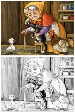 Mutlu kuş ördeği olan mutlu ve komik bir çiftlik sahnesi ve çocuklar için bir çiftlik kadını kedi ve tavuk çizim defteri.