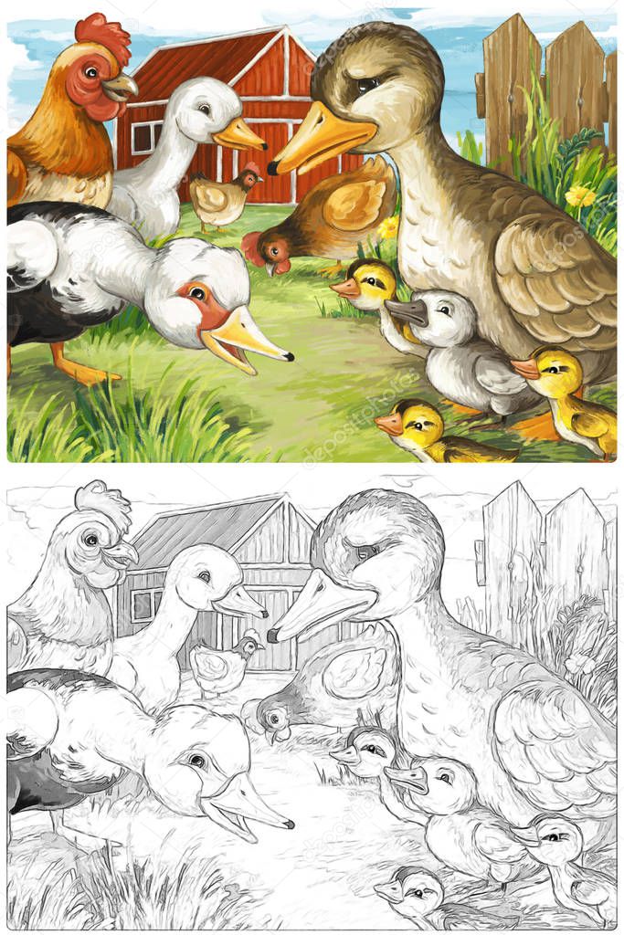 cartoon happy and funny farm scene with happy birds ducks family sketchbook illustration for children