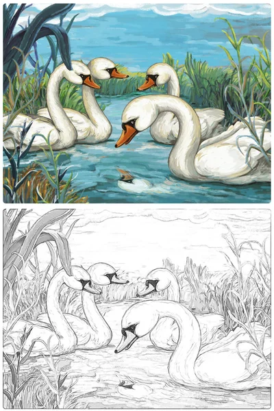 Cartoon Feliz Engraçado Fazenda Cena Com Feliz Pássaro Cisne Sketchbook — Fotografia de Stock