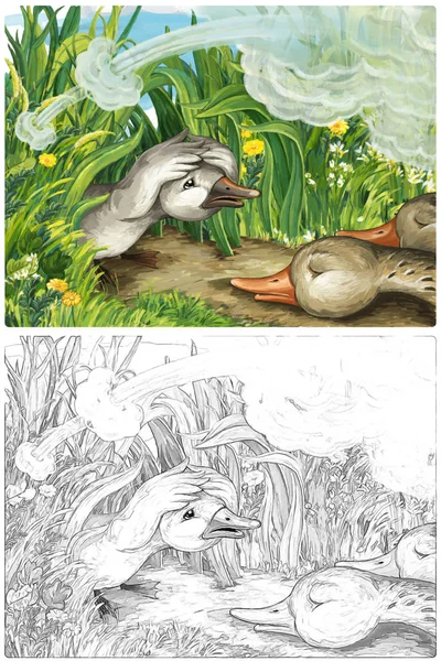 Dibujos Animados Feliz Divertida Granja Escena Con Pájaros Felices Patos —  Fotos de Stock