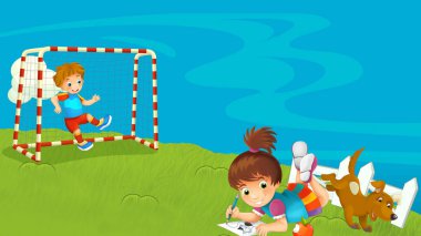 Çizgi film çiftliği, çayırlı kız ve futbol kapısı. Çocuklar için yazı illüstrasyonu için yer var.