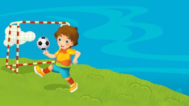 Çizgi film çiftliği, çayırda çocuklarla futbol oynayan çocuklar için metin illüstrasyonu için yer var.