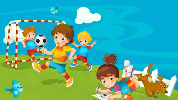 Cartoon Farm Ranch Mit Wiese Mit Jungen Beim Fußballspielen Und — Stockfoto