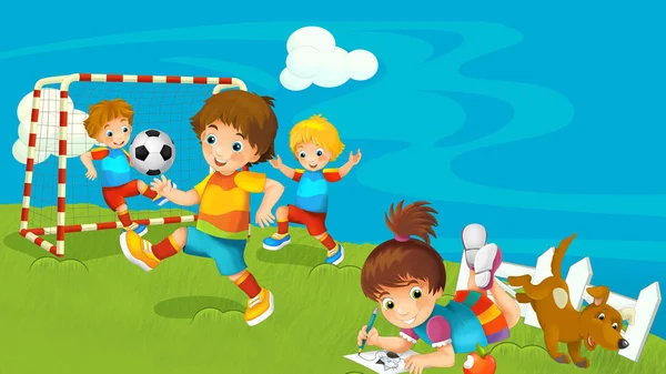 Fermă Desene Animate Luncă Băiat Care Joacă Fotbal Fată Spațiu — Fotografie, imagine de stoc