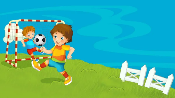 Cartoon Farm Ranch Mit Wiese Mit Junge Beim Fußballspielen Mit — Stockfoto