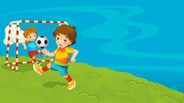 Çizgi Film Çiftliği Çayırda Çocuklarla Futbol Oynayan Çocuklar Için Metin — Stok fotoğraf