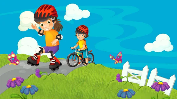 스케이트를 어린이용 텍스트 삽화를 자전거를 다니는 아이의 — 스톡 사진