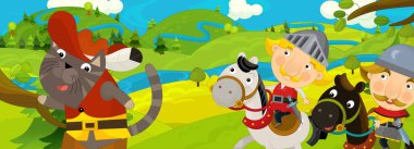 Çizgi film yaz sahnesi. Çocuklar için yolculuktaki kedi şövalyesi çizimi.