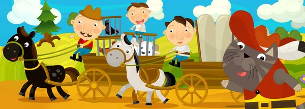子供のための旅のイラストに騎士猫と漫画の夏のシーン — ストック写真