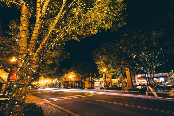 Bomen en gebouwen op de Main Street's nachts, in het centrum van Rock Hi — Stockfoto