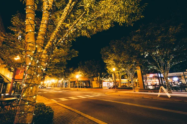 Träd och byggnader på Main Street på natten, i centrala Rock Hi — Stockfoto