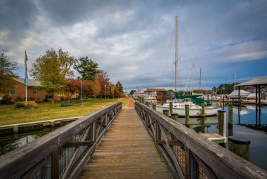 Köprü ve tekneler limanda, St Michaels, Maryland demirledi