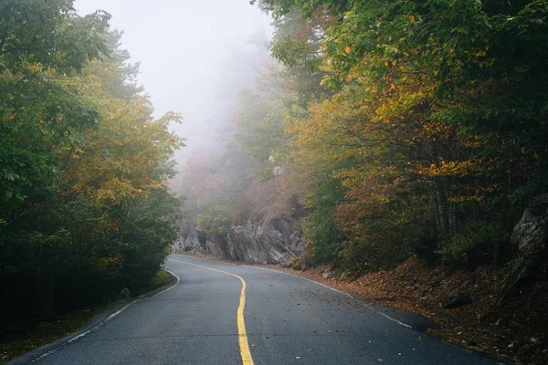 早期的秋天颜色和祖父山的道路上的雾, — 图库照片