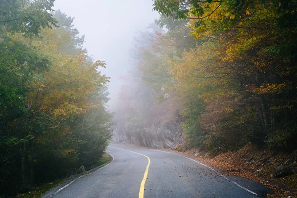 早期的秋天颜色和祖父山的道路上的雾, — 图库照片