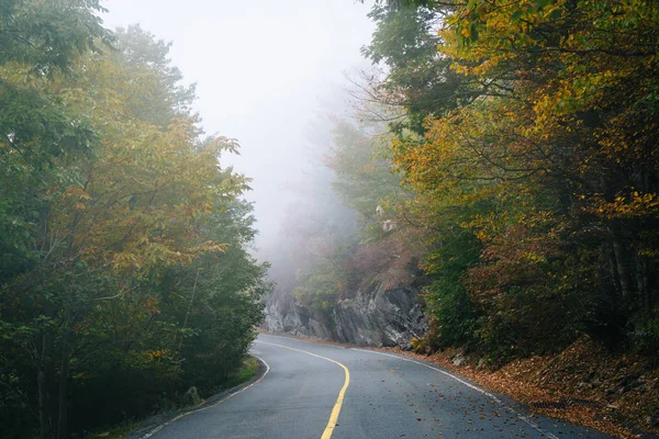 早期的秋天颜色和祖父山的道路上的雾, — 图库照片