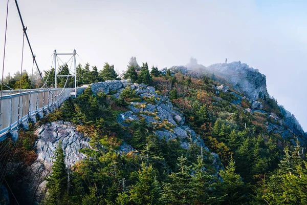 Le Mile High Swinging Bridge et le sommet rocheux dans le brouillard, à Grandf — Photo
