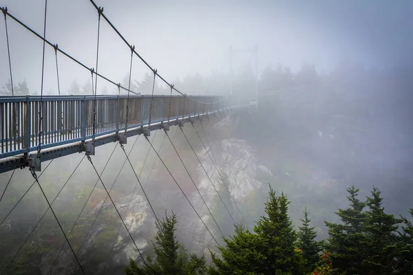 The Mile High Swinging Bridge in fog, at Grandfather Mountain, N — Stock Photo, Image