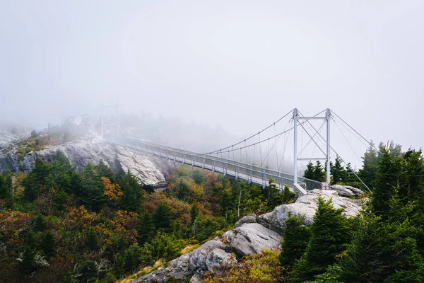 The Mile High Swinging Bridge en la niebla, en Grandfather Mountain, N — Foto de Stock