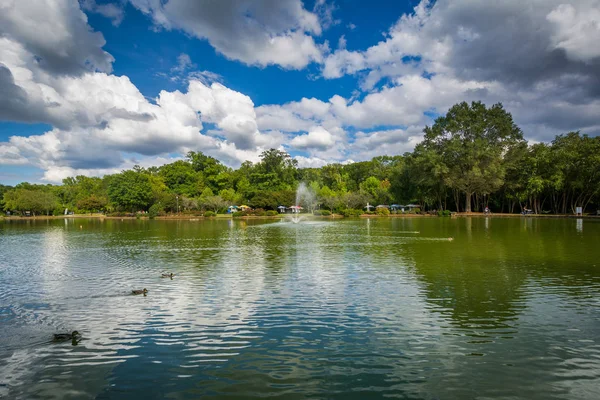 Lindas nuvens sobre o lago no Freedom Park, em Charlotte, Não — Fotografia de Stock