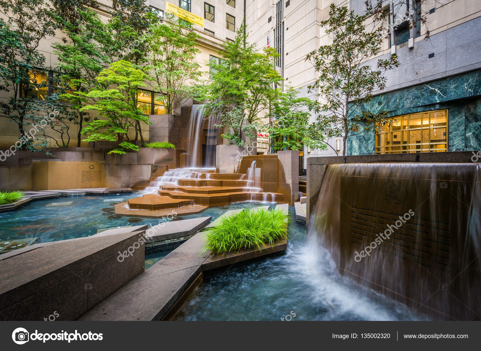 Fountains at Thomas Polk Park, in Uptown Charlotte, North Caroli Stock