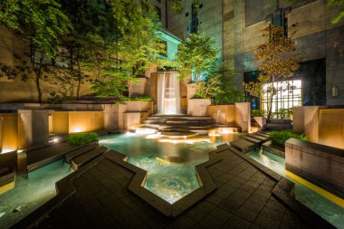 Thomas Polk Park'ta çeşmeler gece, şehir dışına Charlotte, ne de