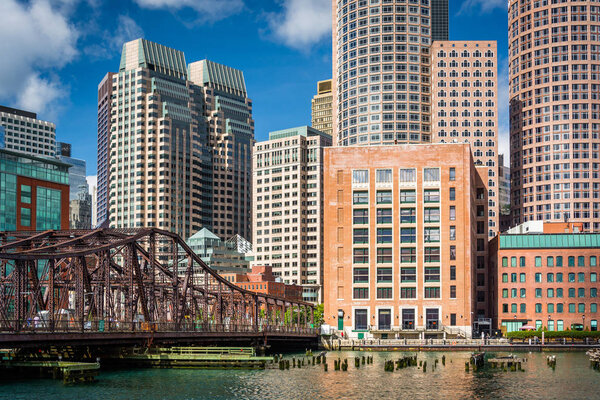 Fort Point Channel and the Boston skyline, in Boston, Massachusetts.