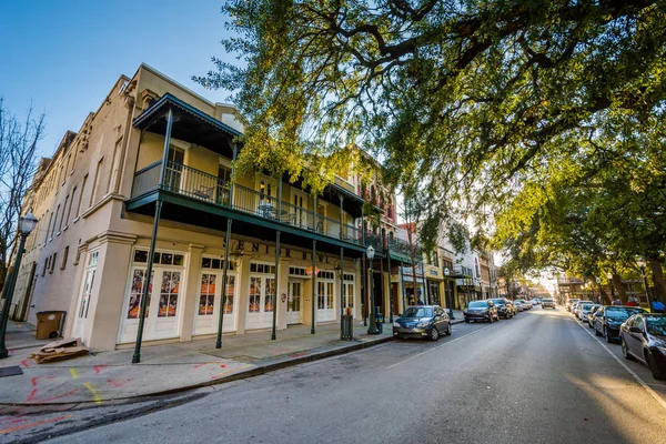 Mobile, Alabama Dauphin cadde boyunca ağaçlar ve binalar. — Stok fotoğraf