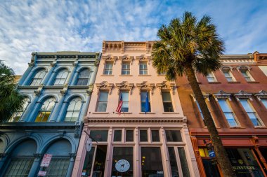 Binalar ve palmiye ağaçları içinde Charleston, Sout geniş cadde boyunca
