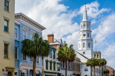 Binalar ve palmiye ağaçları içinde Charleston, Sout geniş cadde boyunca