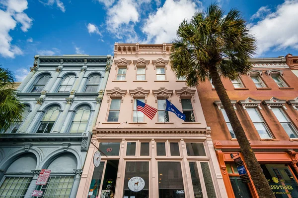 Byggnader och palmer längs Broad Street, i Charleston, Sout — Stockfoto