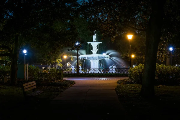 到了晚上，在福赛思公园，在佐治亚萨凡纳的喷泉. — 图库照片