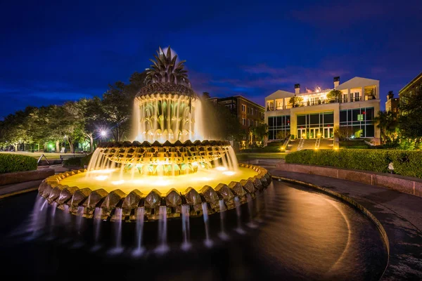 The Pineapple Fountain ночью, at the Waterfront Park in Charl — стоковое фото