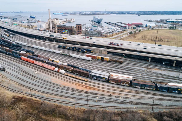 Aerial view of a railroad yard and I-95, in South Baltimore, Mar — Stock Photo, Image
