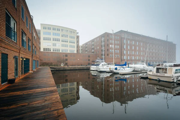 Un puerto deportivo y edificios en la niebla, en Fells Point, Baltimore, Maryla — Foto de Stock