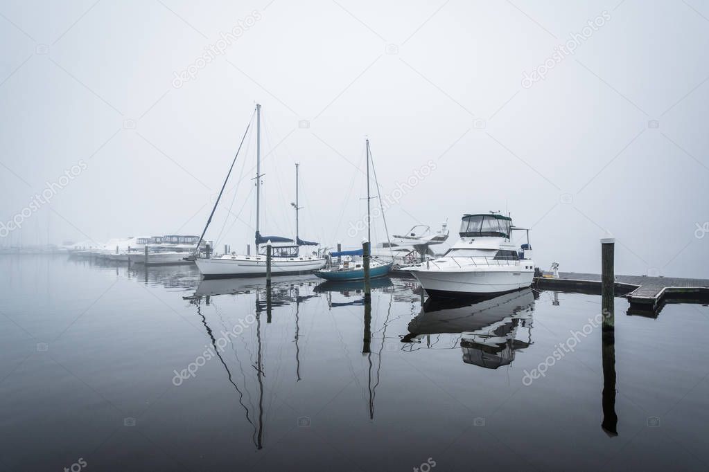 A marina in fog, in Fells Point, Baltimore, Maryland.