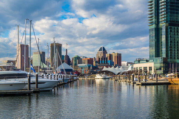 View of a marina at the Inner Harbor, in Baltimore, Maryland.