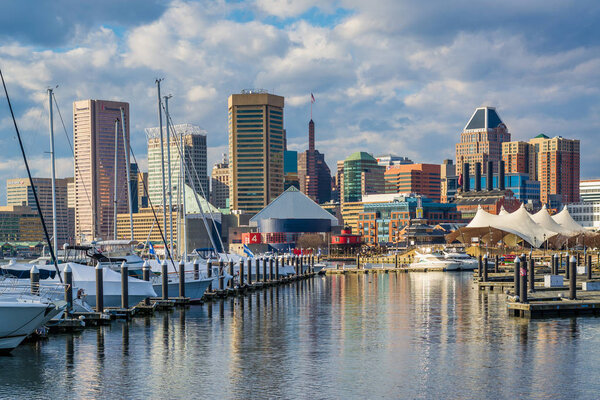 View of a marina at the Inner Harbor, in Baltimore, Maryland.