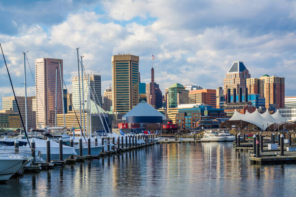 View of a marina at the Inner Harbor, in Baltimore, Maryland.