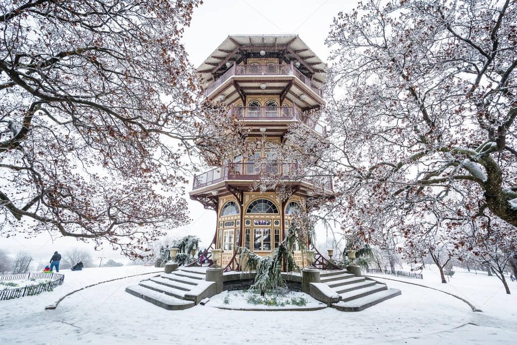 The Patterson Park Pagoda in the snow, in Baltimore, Maryland.
