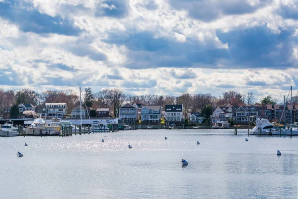 Casas e barcos atracados em Spa Creek, em Annapolis, Maryland . — Fotografia de Stock