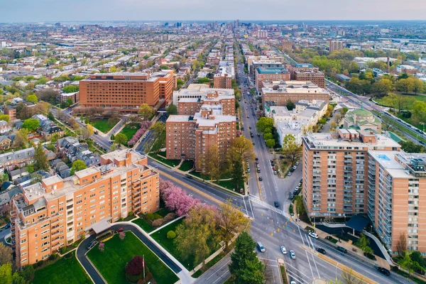 Aerial view of St. Paul Street, in Charles Village, in Baltimore