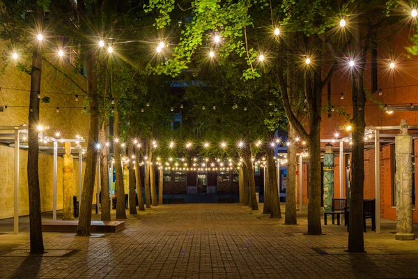 Luzes de corda no Century Plaza à noite, no centro de Roanoke, Vi — Fotografia de Stock