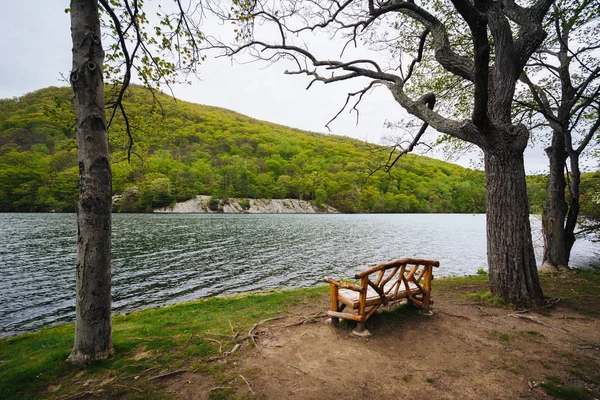 Ława wzdłuż jeziora Hessian, o Bear Mountain State Park, Nowy Jork. — Zdjęcie stockowe