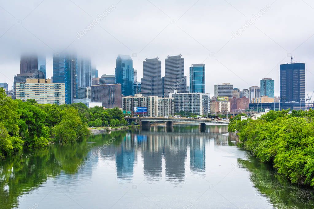 Foggy view of the Philadelphia skyline and Schuylkill River in P
