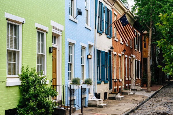 Colorful row houses along Panama Street near Filter Square, Philadelphia, Pennsylvania.